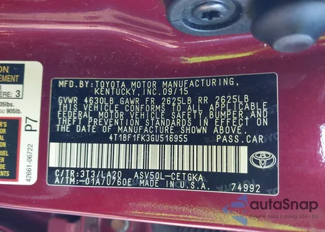 2016 Toyota Camry Xle from USA, damaged, VIN 4T1BF1FK3GU516955